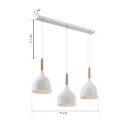 Lámpara colgante Noak, blanco/madera natural, 3 luces larga