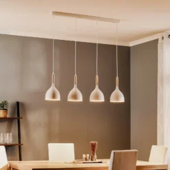Lámpara colgante Noak, blanco/madera natural, 4 luces larga