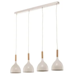 Lámpara colgante Noak, blanco/madera natural, 4 luces larga