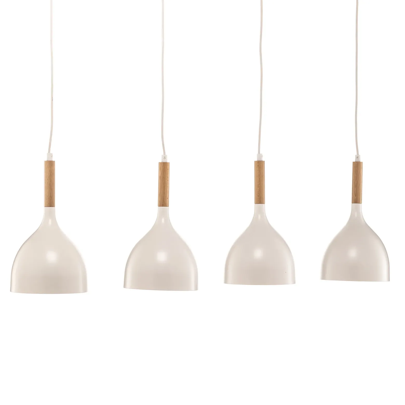 Lámpara colgante Noak, blanco/madera natural, 4 luces larga