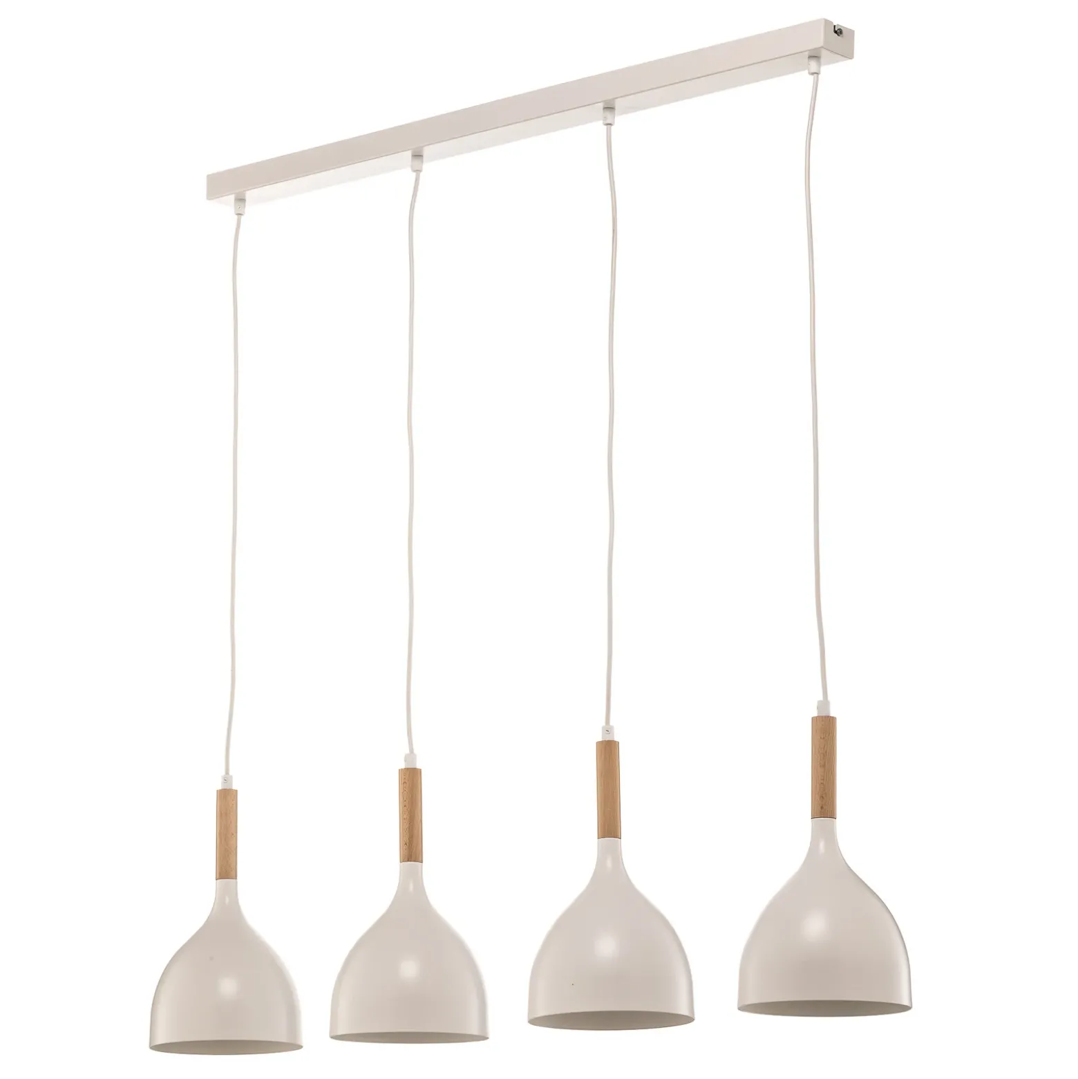 Lámpara colgante Noak, blanco/madera natural, 4 luces larga