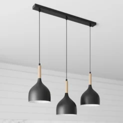 Lámpara colgante Noak de 3 luces, larga, negra/madera natural