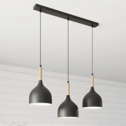 Lámpara colgante Noak de 3 luces, larga, negra/madera natural