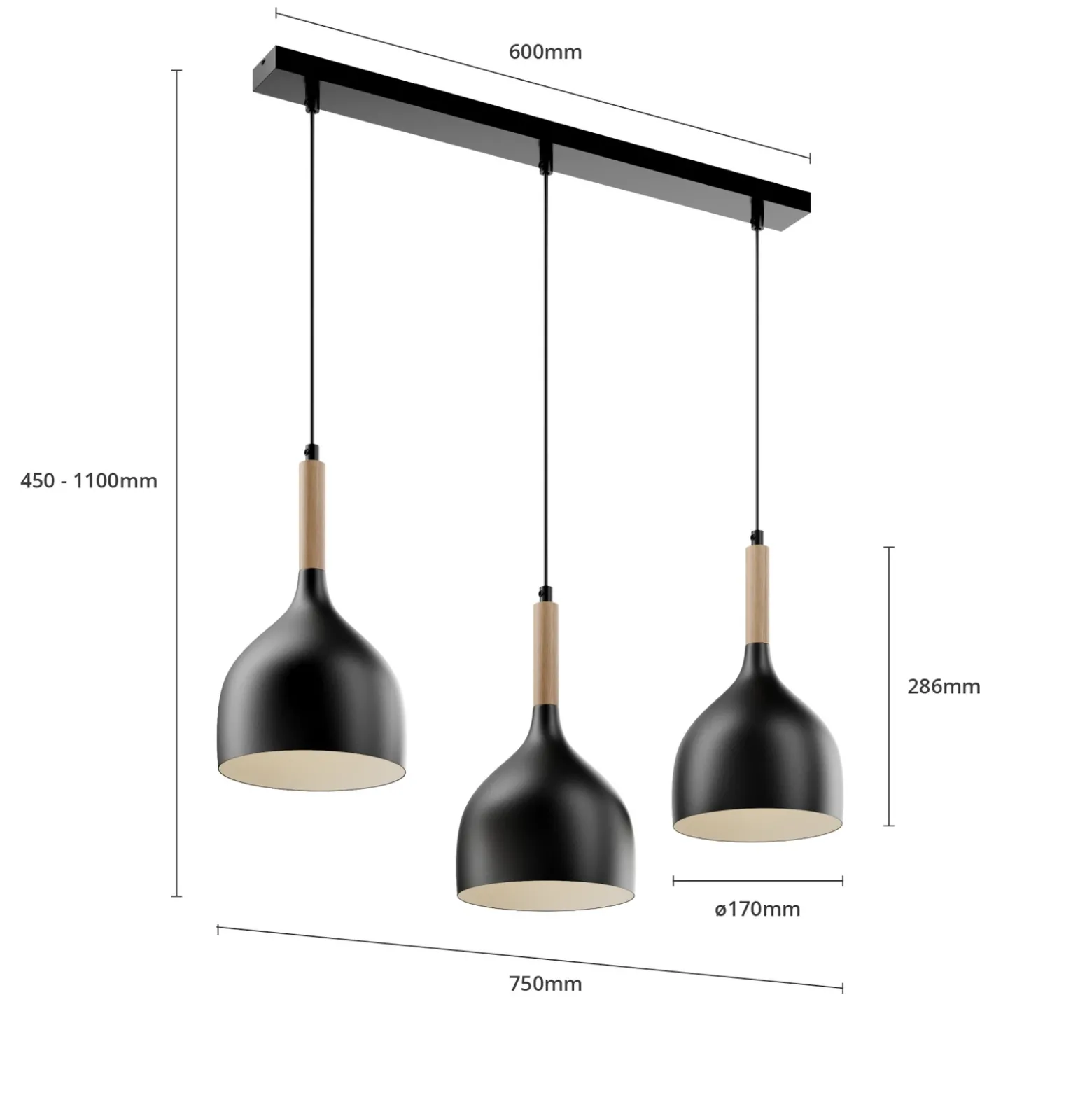 Lámpara colgante Noak de 3 luces, larga, negra/madera natural