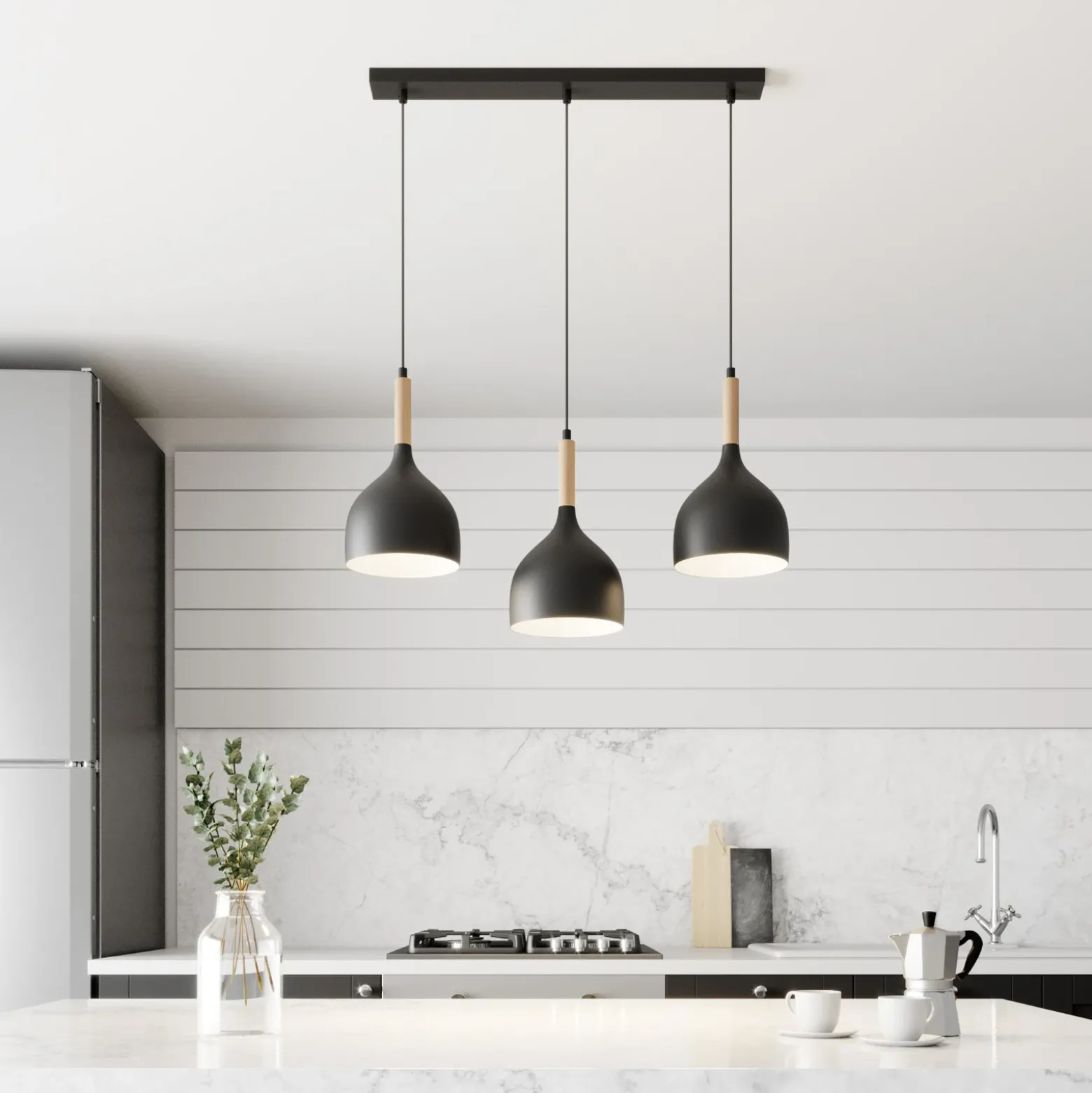 Lámpara colgante Noak de 3 luces, larga, negra/madera natural