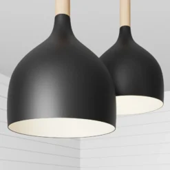 Lámpara colgante Noak de 3 luces, larga, negra/madera natural