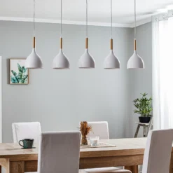 Lámpara colgante Noak 5 luces larga blanco/madera natural