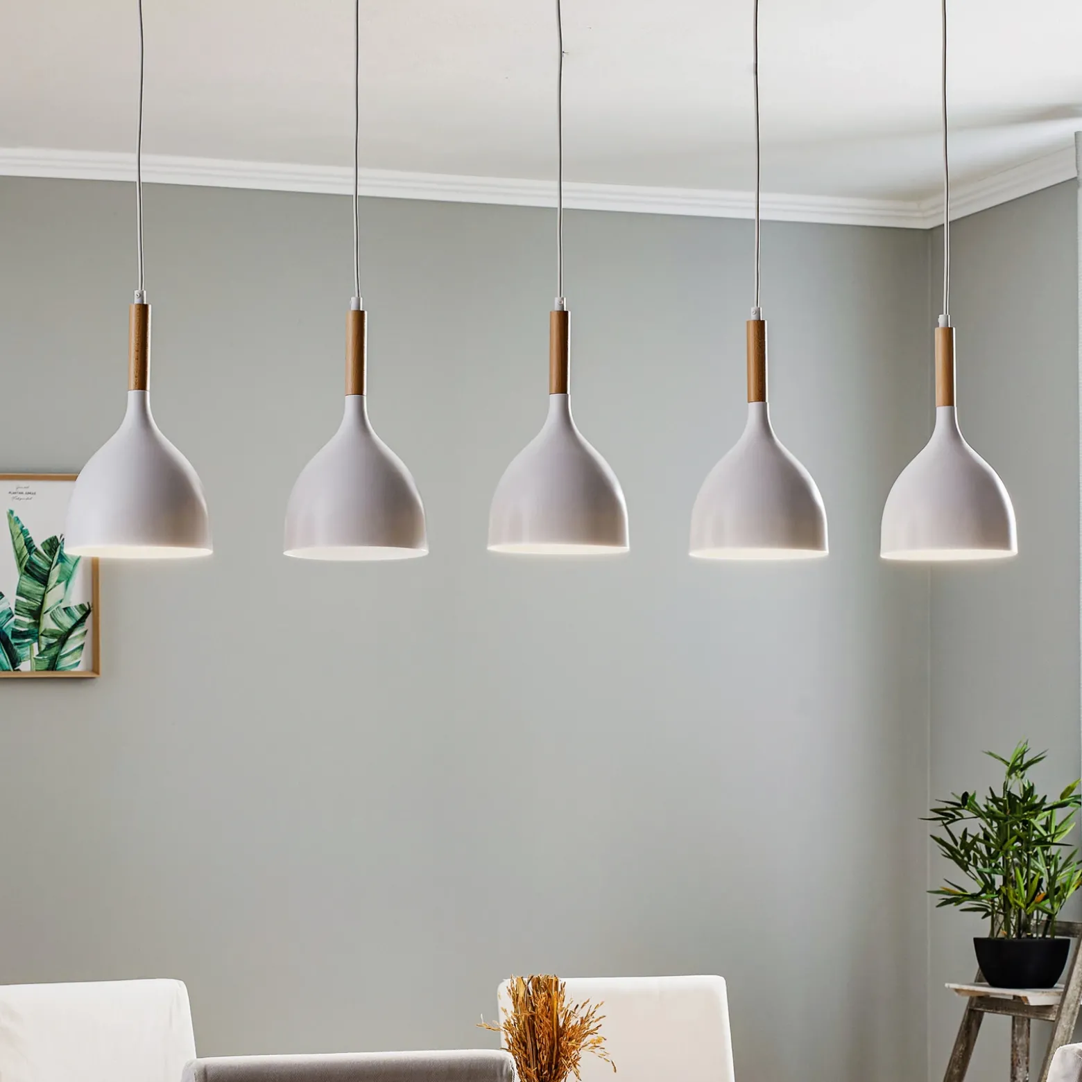 Lámpara colgante Noak 5 luces larga blanco/madera natural