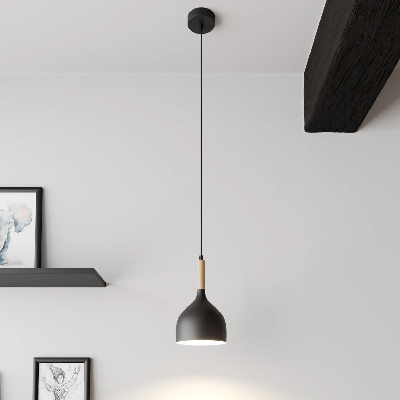 Lámpara colgante Noak, negro/madera natural, Ø 17 cm