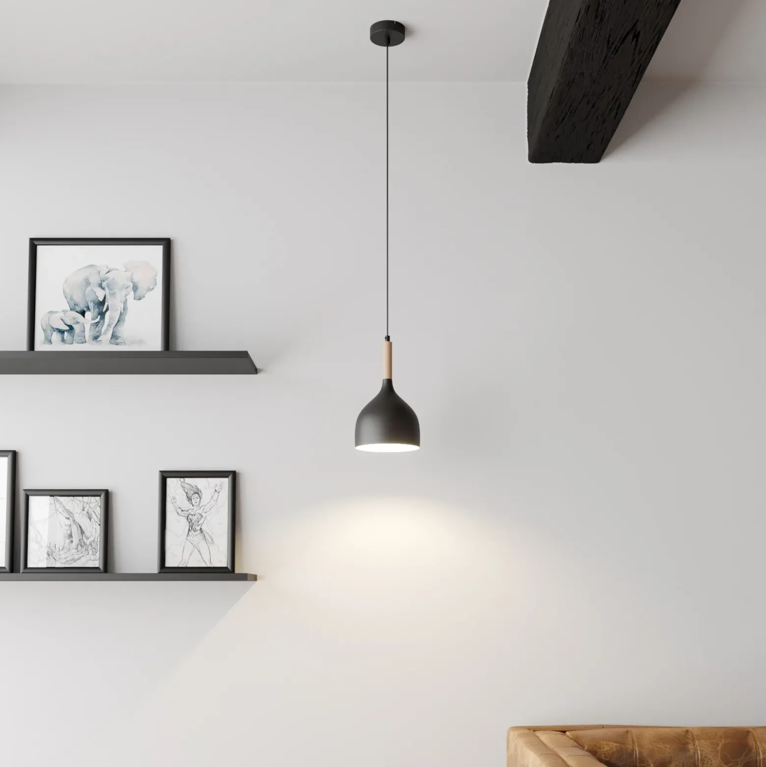 Lámpara colgante Noak, negro/madera natural, Ø 17 cm