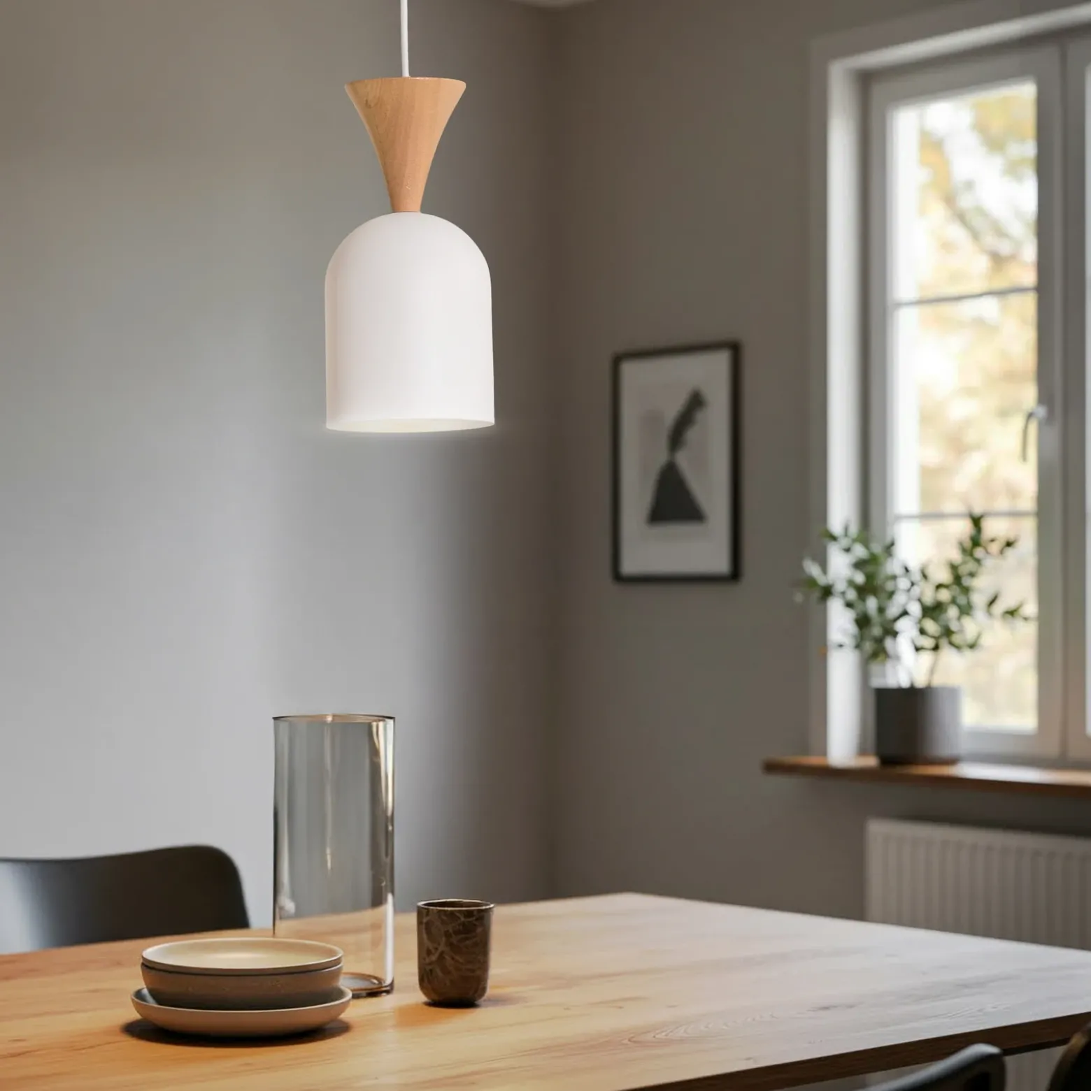 Lámpara colgante Nolan, Ø 11 cm, blanco/roble, metal/madera