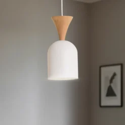 Lámpara colgante Nolan, Ø 11 cm, blanco/roble, metal/madera