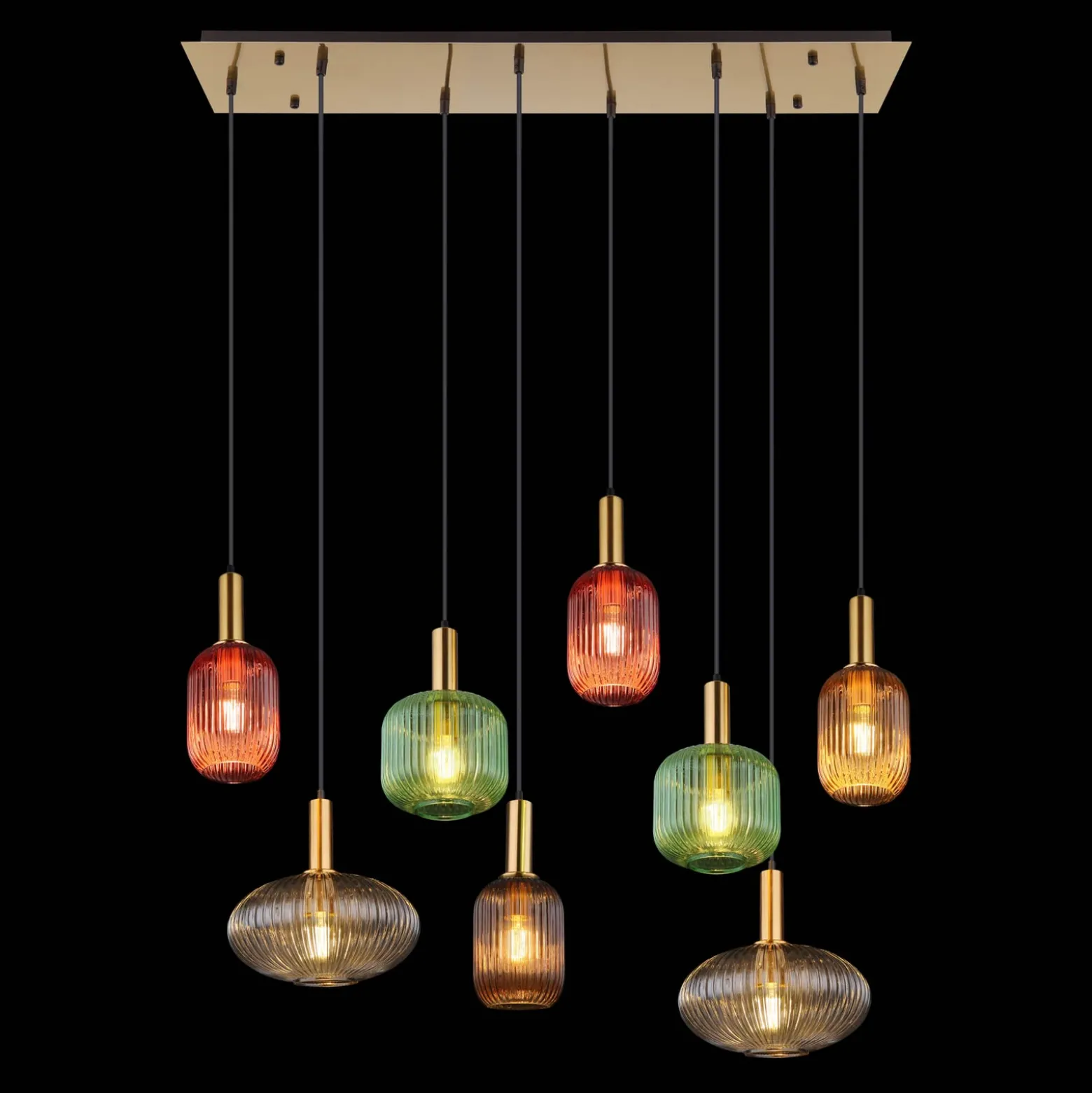Lámpara colgante Normy, longitud 125 cm, colorida, cristal, 8 luces.