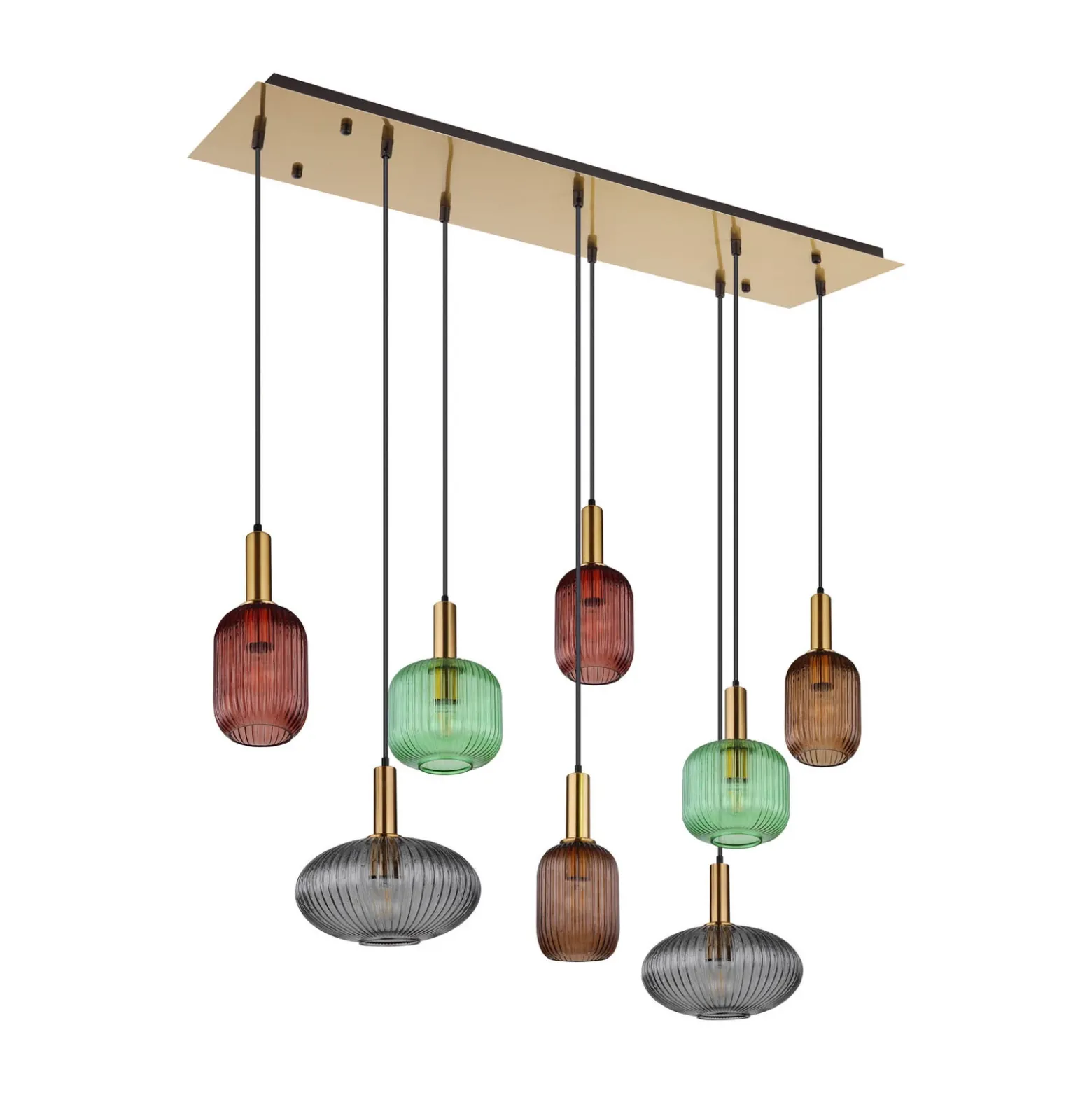 Lámpara colgante Normy, longitud 125 cm, colorida, cristal, 8 luces.