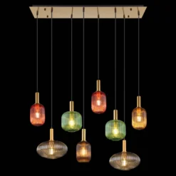 Lámpara colgante Normy, longitud 125 cm, colorida, cristal, 8 luces.