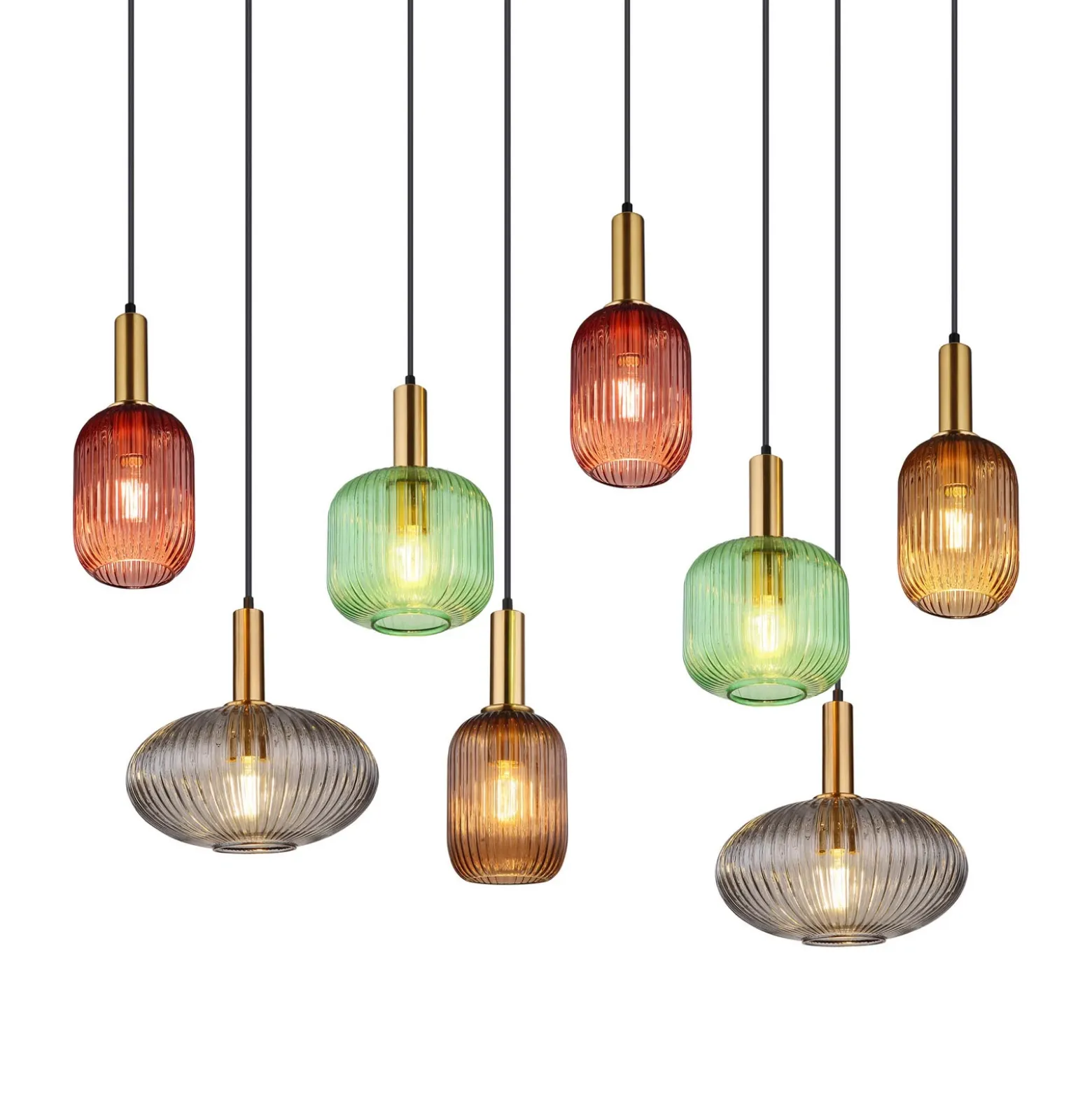 Lámpara colgante Normy, longitud 125 cm, colorida, cristal, 8 luces.