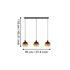 Lámpara colgante Oilella, negro-marrón, longitud 95 cm, cristal, 3 luces.