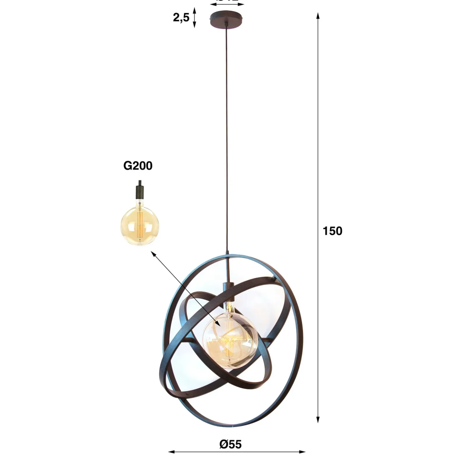 Lámpara colgante Orbit con 3 anillos, 1 luz, negro