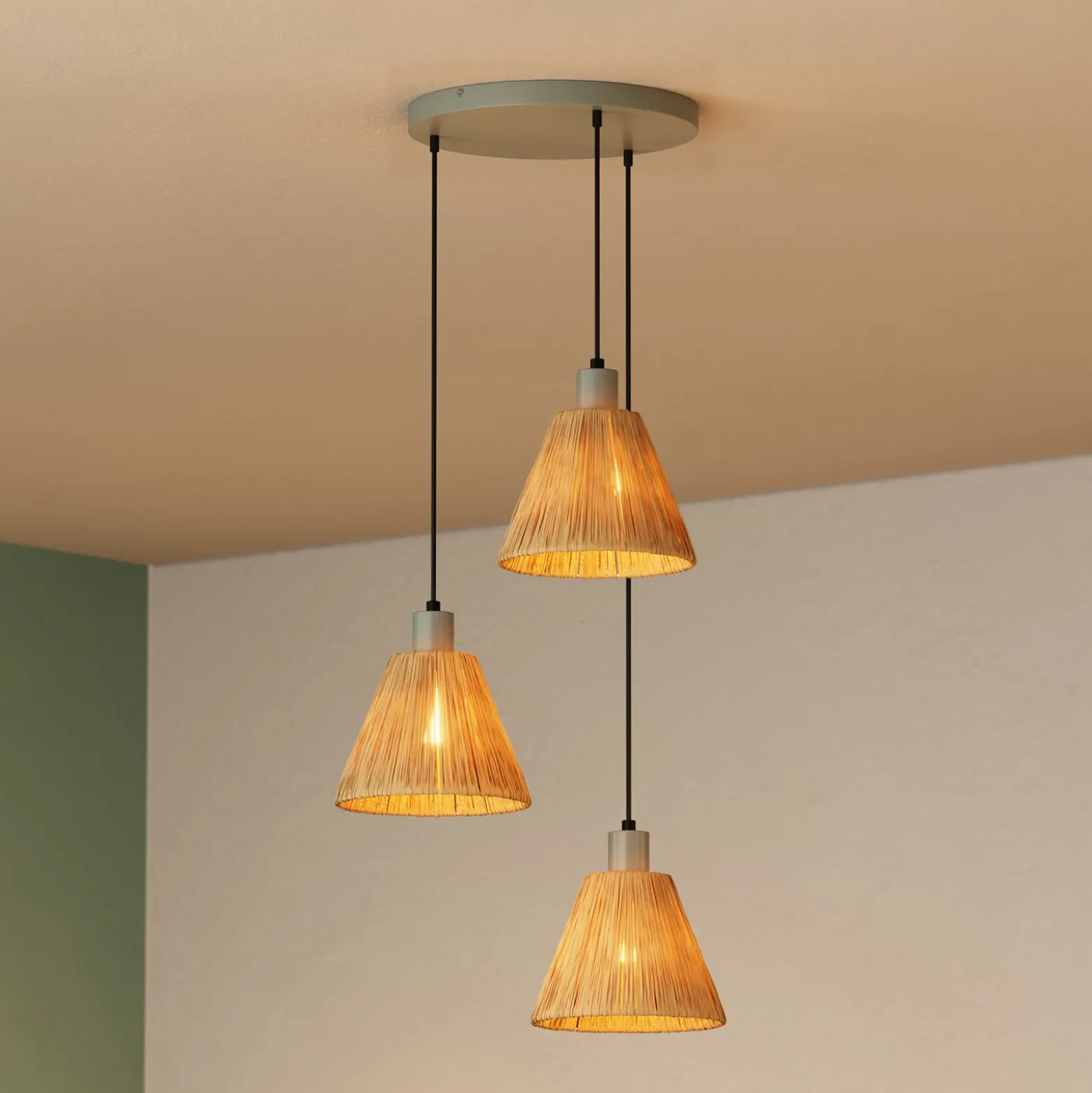Lámpara colgante OSRAM Decor Raffia, 3 luces redondas, rafia, natural