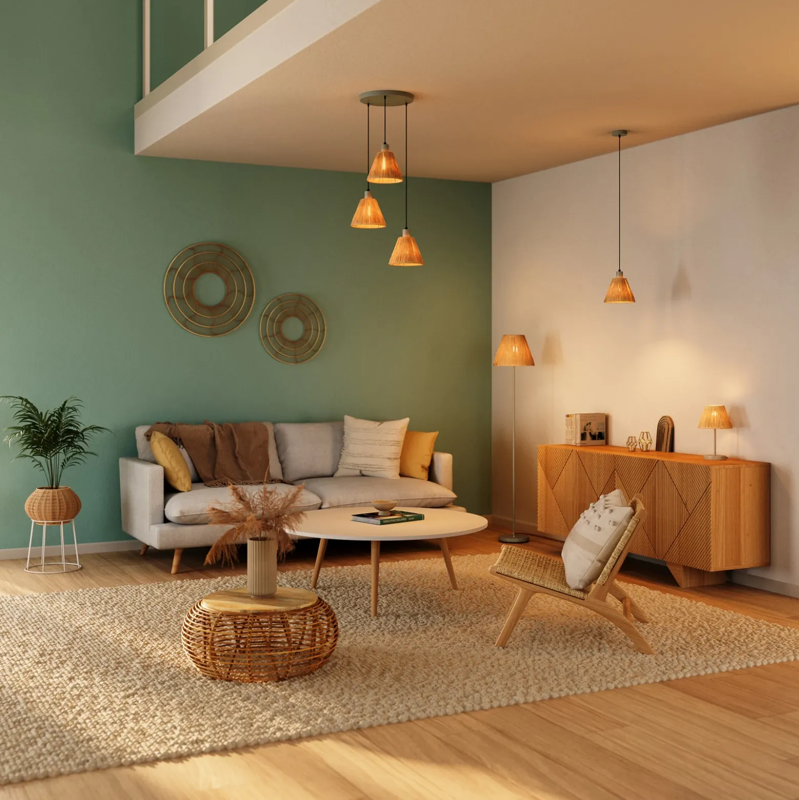 Lámpara colgante OSRAM Decor Raffia, 3 luces redondas, rafia, natural