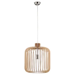 Lámpara colgante Paz cromada, cilindro con láminas de madera Ø 45 cm