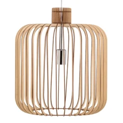 Lámpara colgante Paz cromada, cilindro con láminas de madera Ø 45 cm