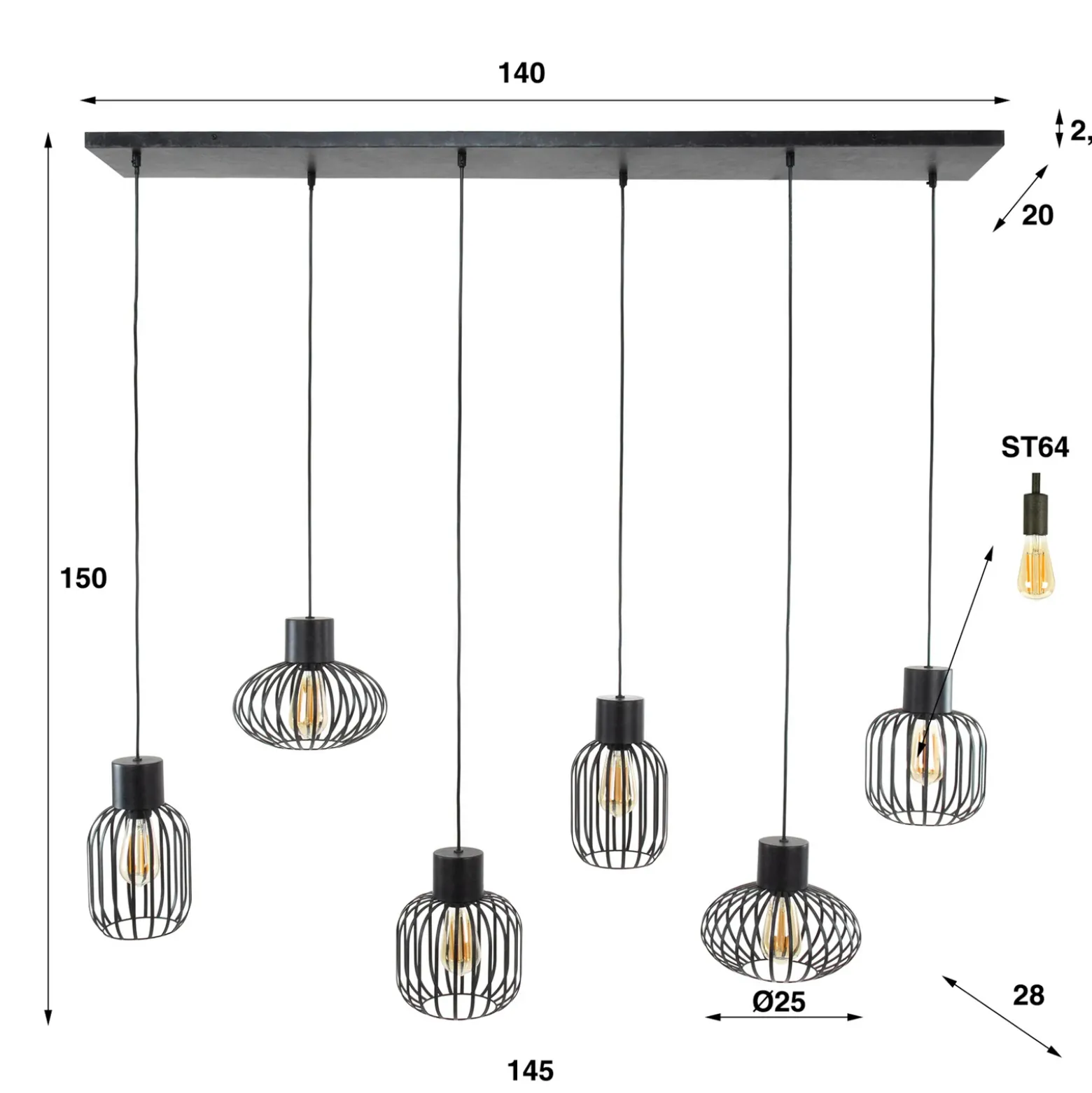 Lámpara colgante Prison de metal 6 luces antracita