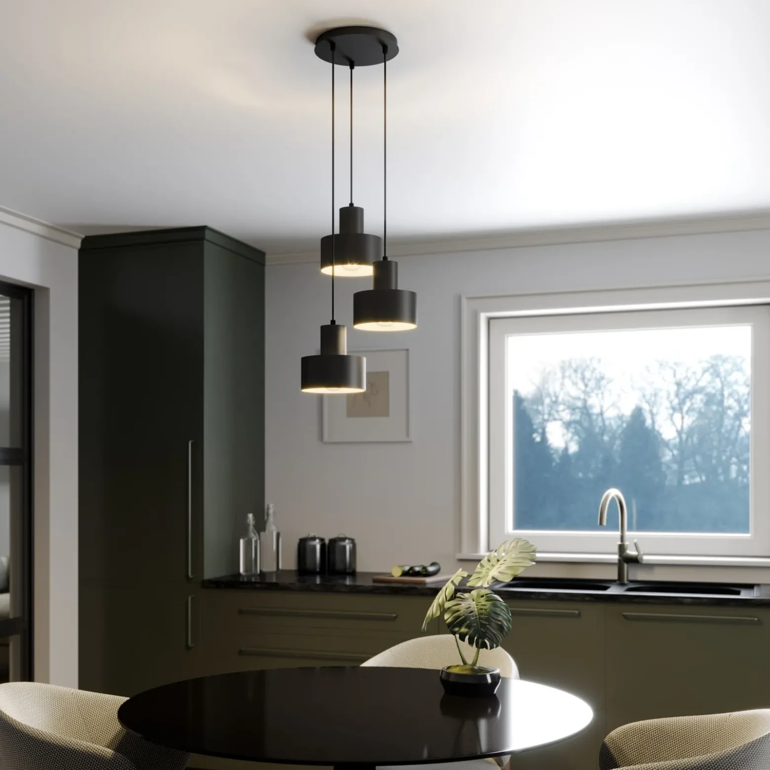 Lámpara colgante Rif, rotunda de 3 luces, negro