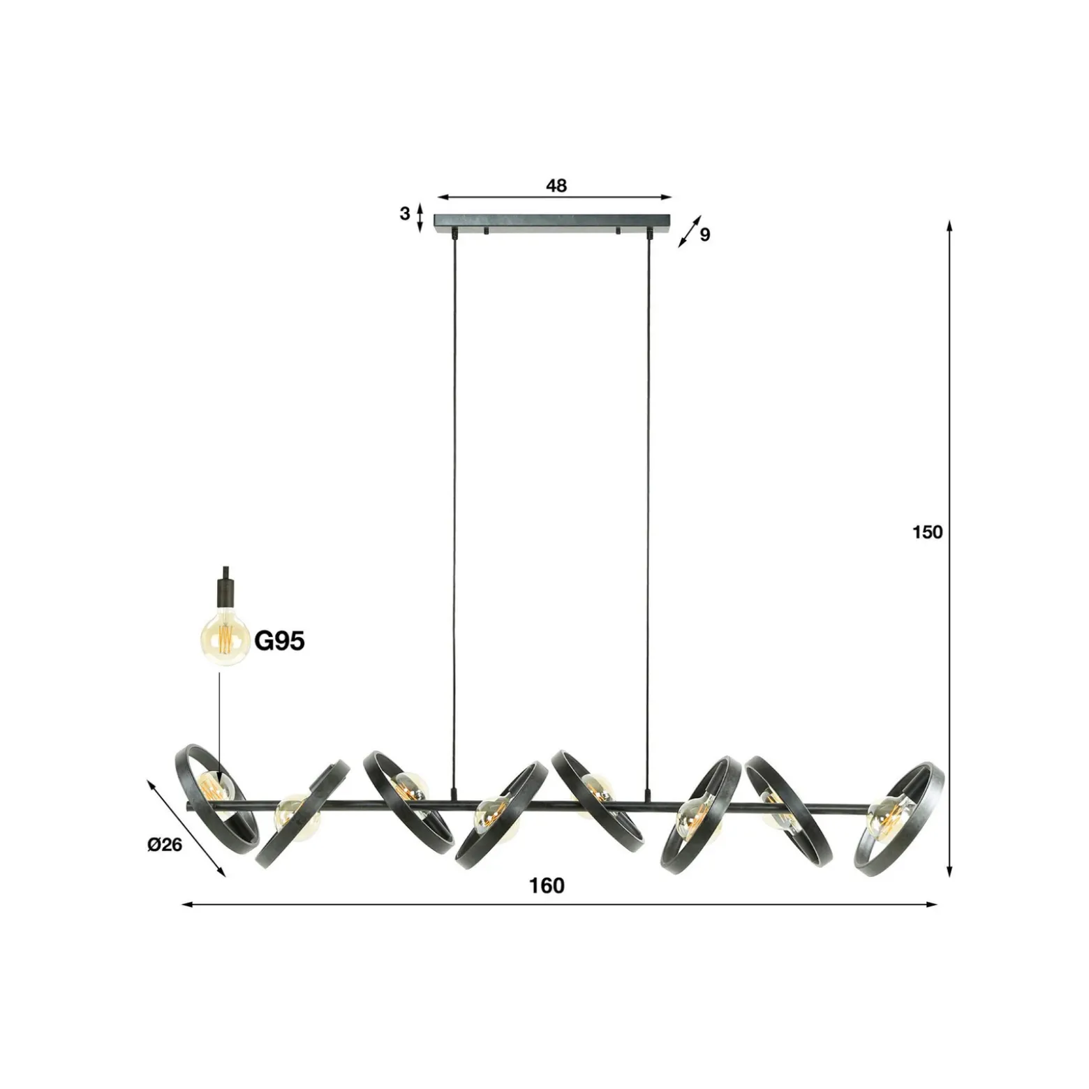 Lámpara colgante Ringelbach, 8 luces, antracita, anillos giratorios