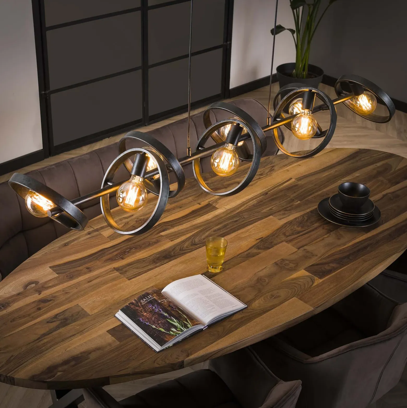 Lámpara colgante Ringelbach, 8 luces, antracita, anillos giratorios