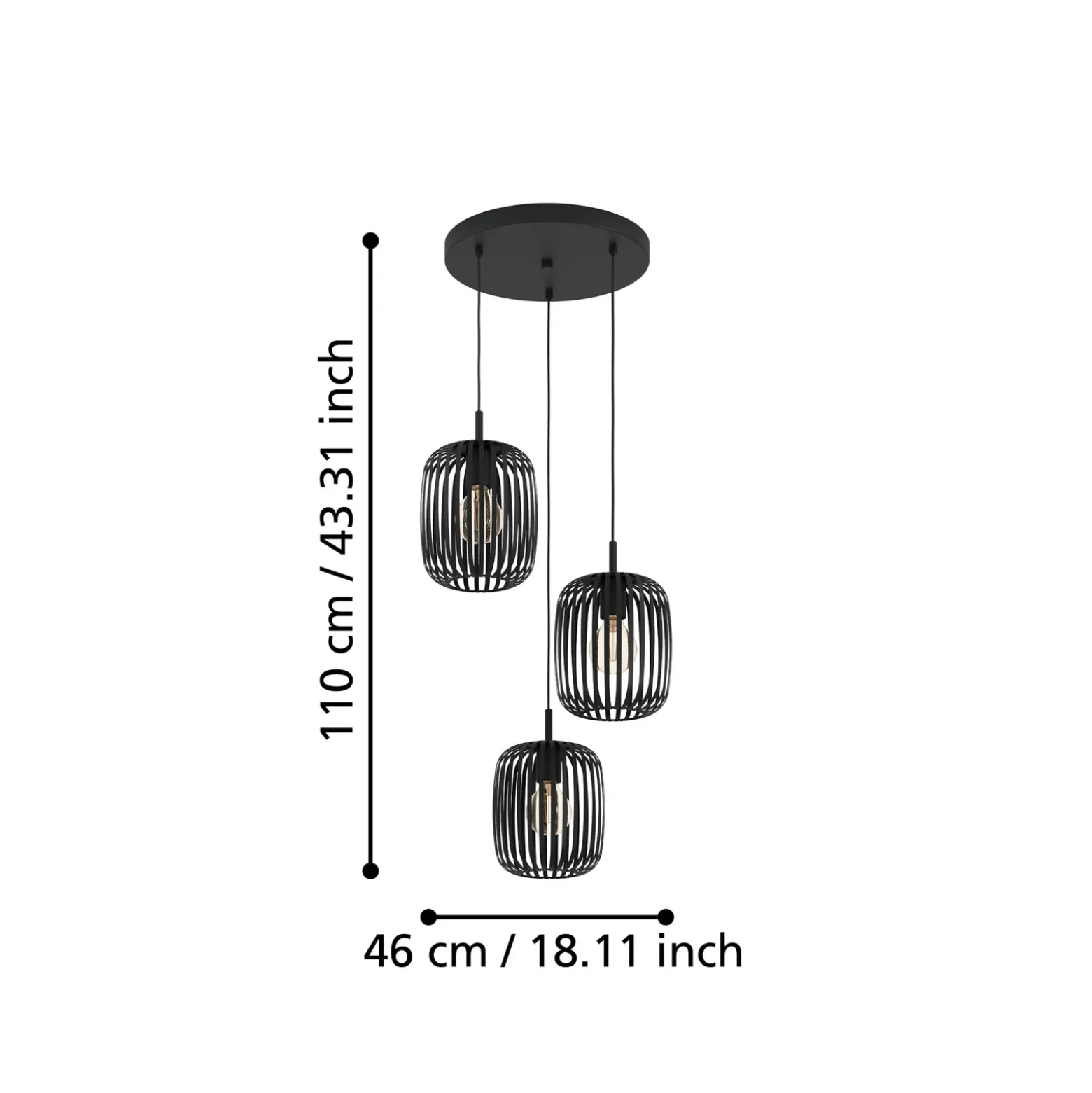 Lámpara colgante Romazzina, Ø 46 cm, negra, 3 luces, acero