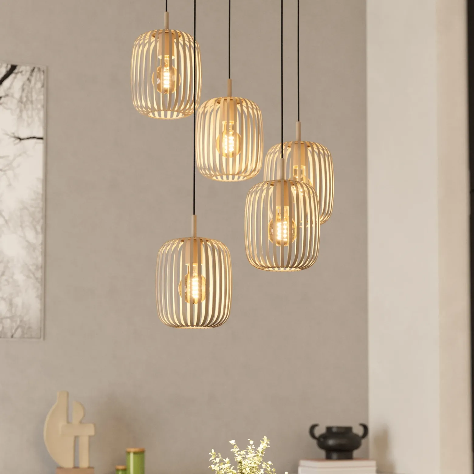 Lámpara colgante Romazzina, color arena, acero, Ø 50 cm, 5 luces.