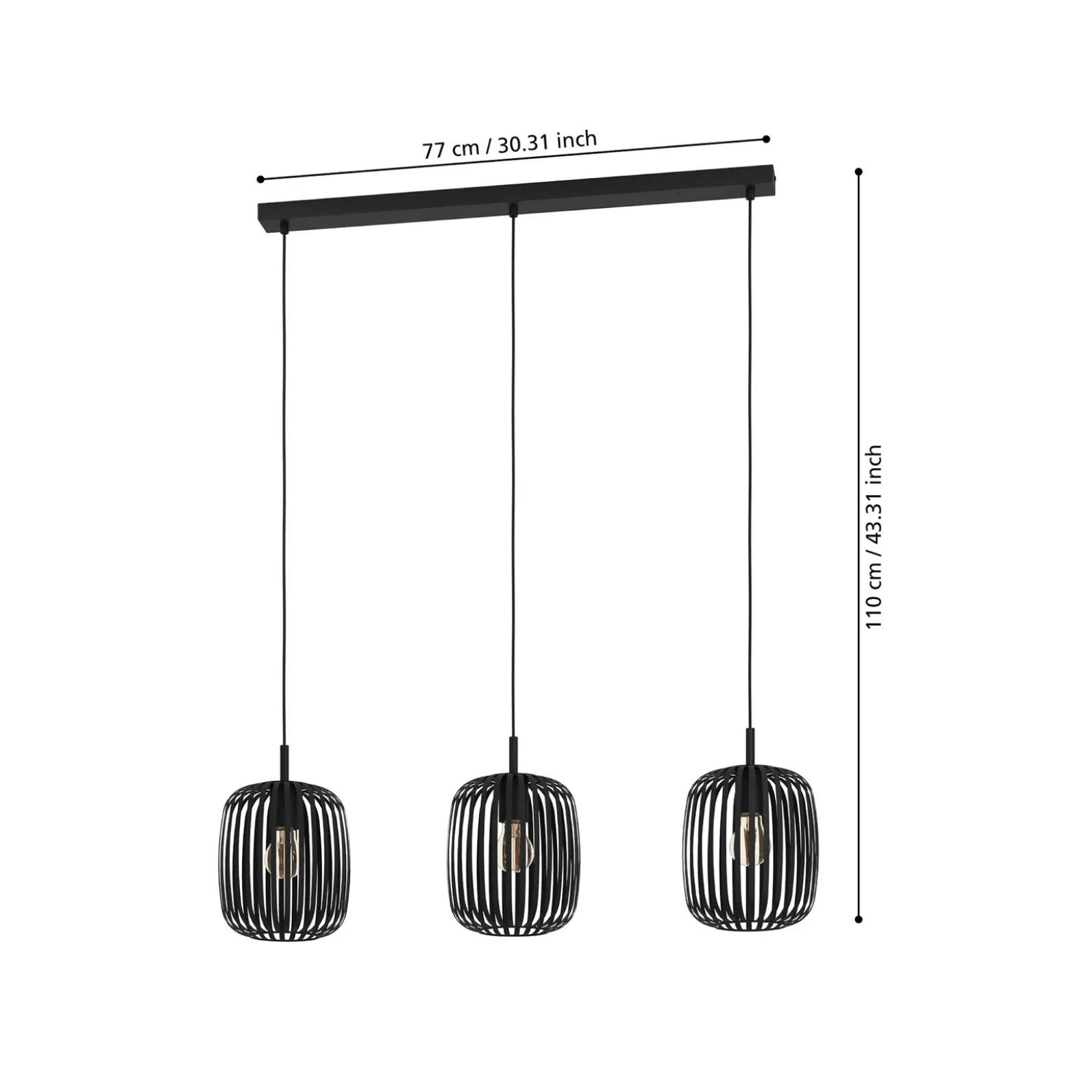 Lámpara colgante Romazzina, negra, longitud 90 cm, 3 luces, metal
