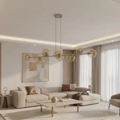 Lámpara colgante Rossi, color beige, longitud 130 cm, 8 luces, cristal/metal