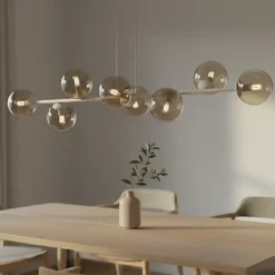 Lámpara colgante Rossi, color beige, longitud 130 cm, 8 luces, cristal/metal