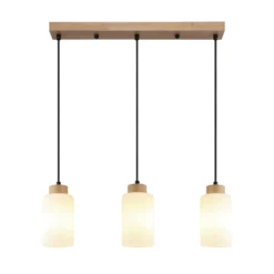 Lámpara colgante Rowena, madera clara/blanca, cristal, 3 luces, E27