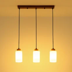 Lámpara colgante Rowena, madera clara/blanca, cristal, 3 luces, E27