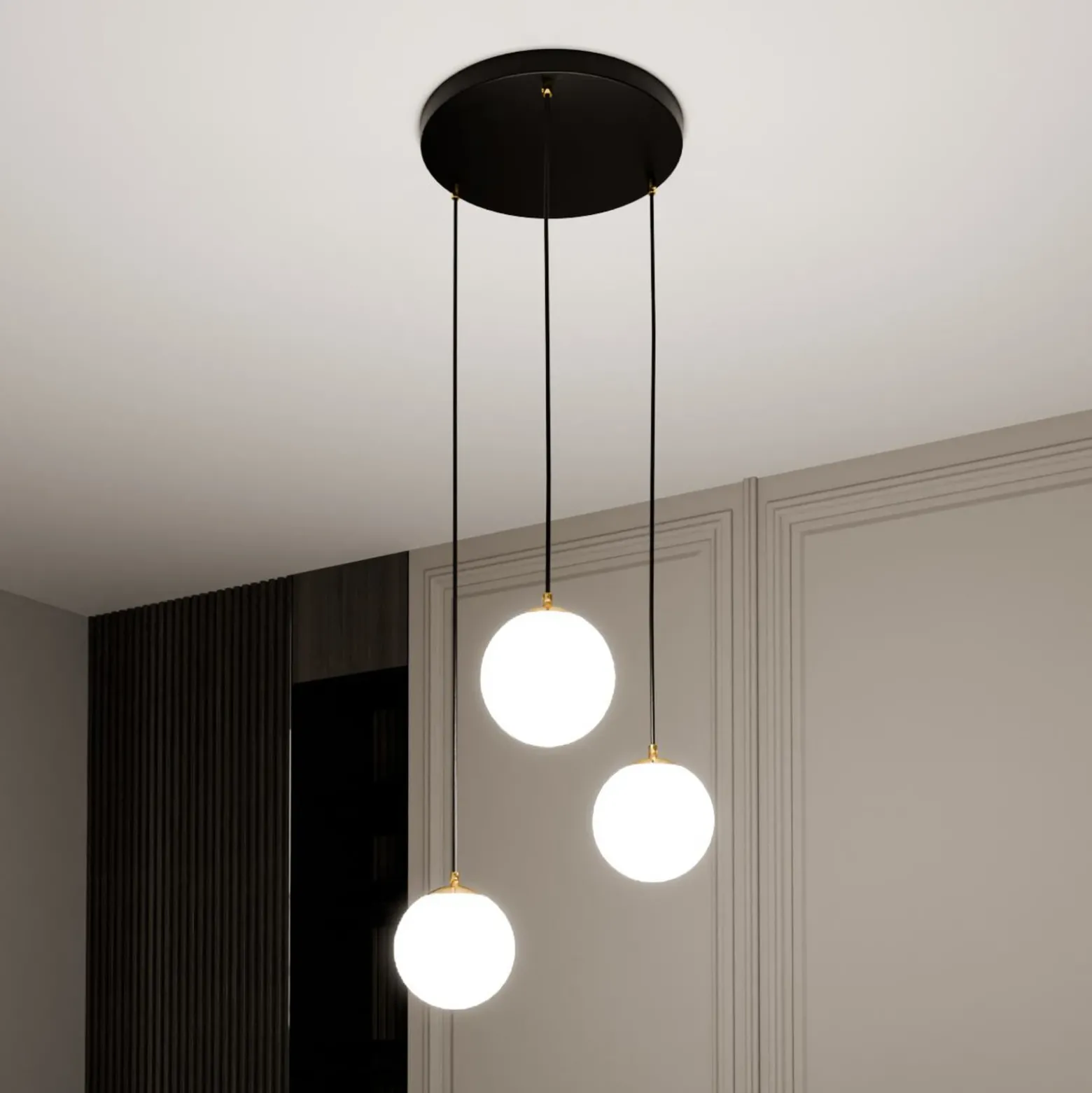 Lámpara colgante Royal, 3 luces, blanco opalino/negro, cristal, E14
