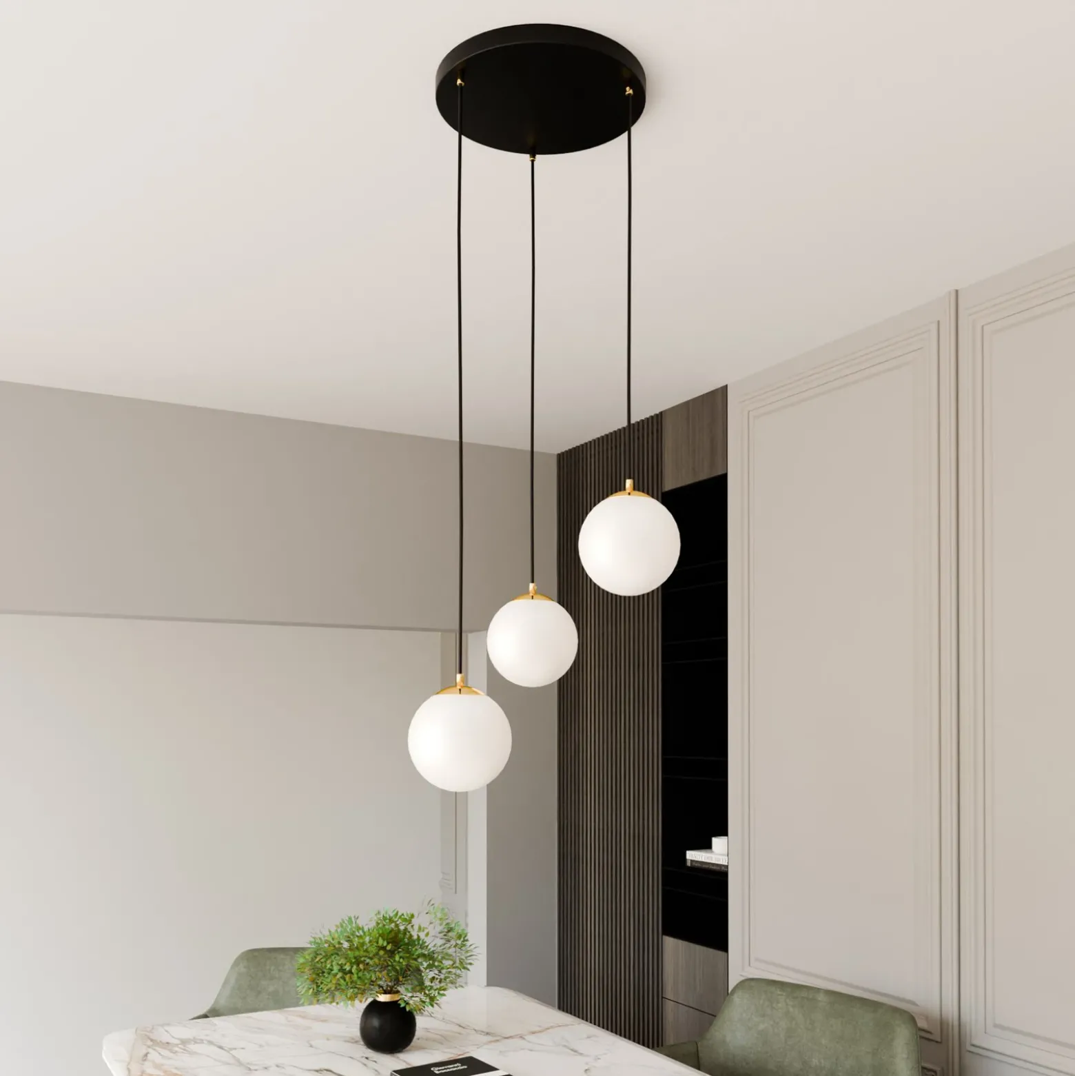 Lámpara colgante Royal, 3 luces, blanco opalino/negro, cristal, E14