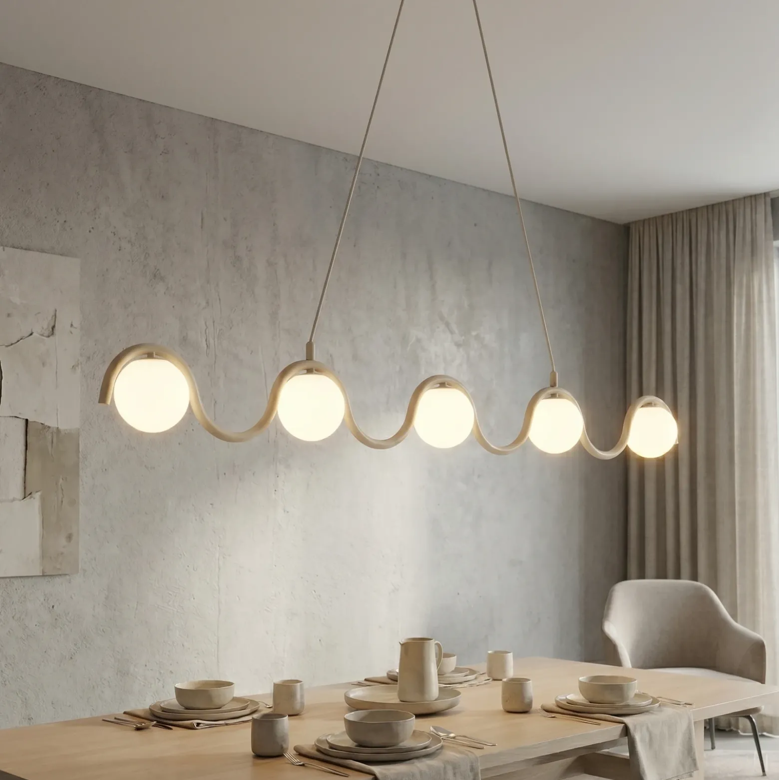 Lámpara colgante SINUS, color beige, longitud 110 cm, 5 luces, metal/cristal
