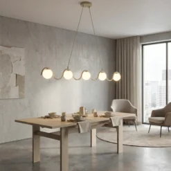 Lámpara colgante SINUS, color beige, longitud 110 cm, 5 luces, metal/cristal