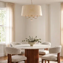 Lámpara colgante Sofia Ecrie, beige/dorado, tela, acero, E27