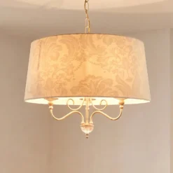 Lámpara colgante Sofia Ecrie, beige/dorado, tela, acero, E27