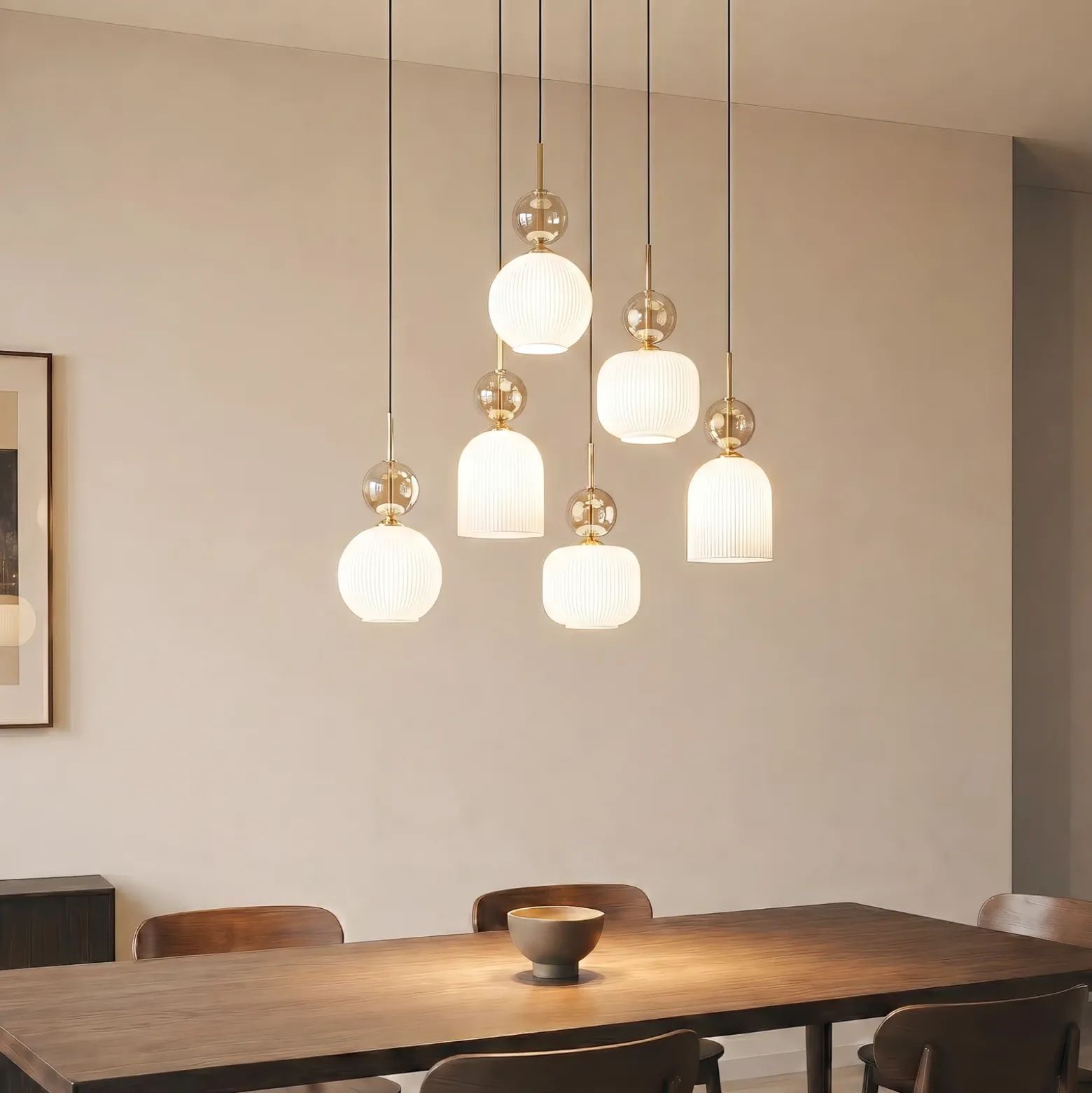 Lámpara colgante Sophia, 6 luces, blanco/coñac, 65 cm de largo, E14