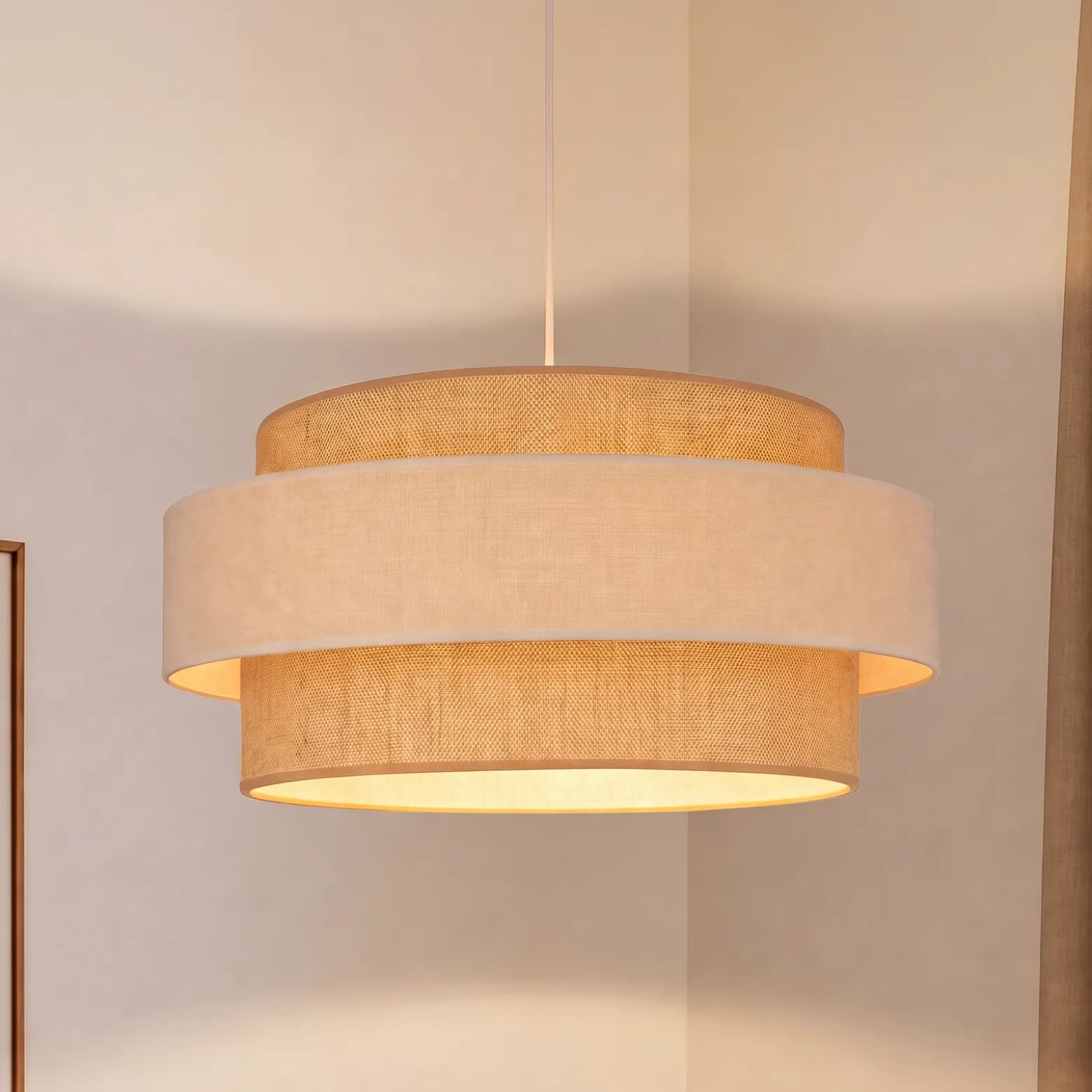 Lámpara colgante Space, beige/crema, 1 luz, tejido, E27
