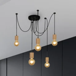 Lámpara colgante Spinny, araña, Ø 28 cm, 5 luces, madera de caucho, E27