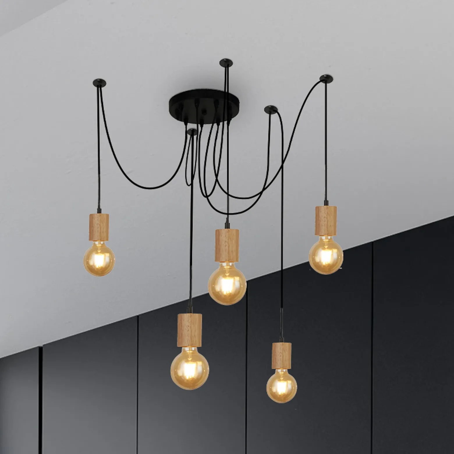 Lámpara colgante Spinny, araña, Ø 28 cm, 5 luces, madera de caucho, E27