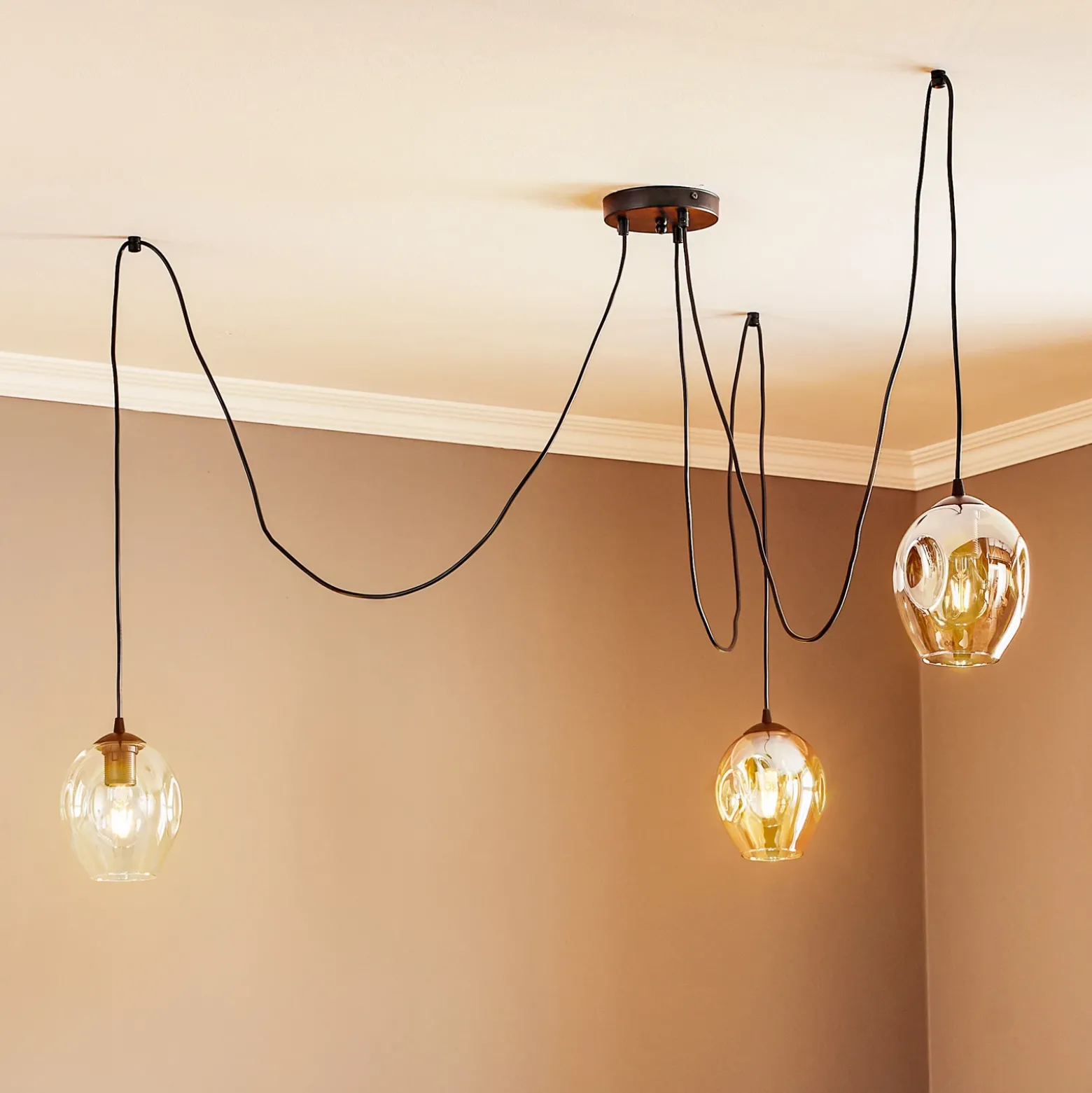 Lámpara colgante Starla, cristal grafito/ámbar/transparente, 3 luces,
