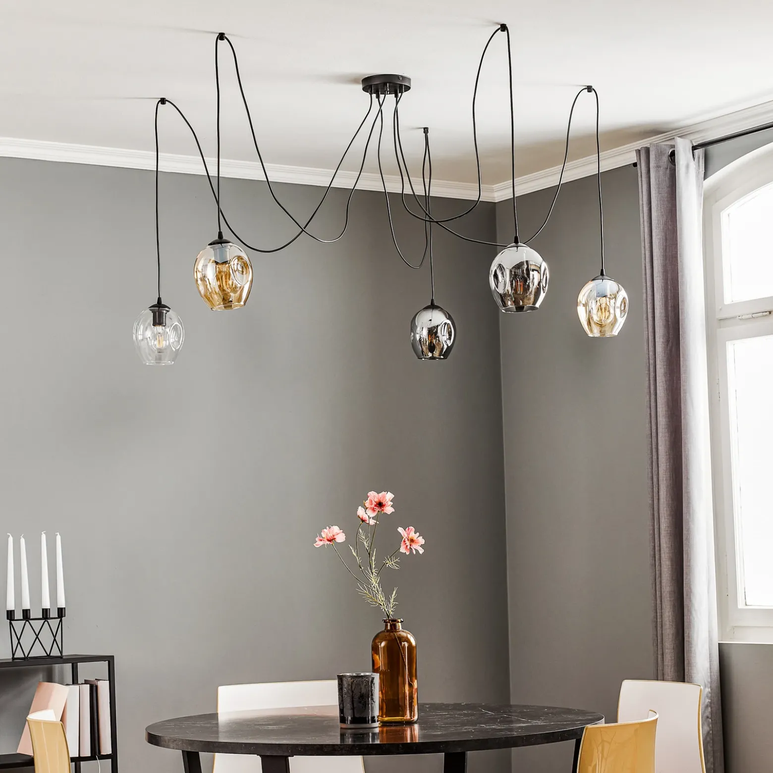 Lámpara colgante Starla, cristal grafito/ámbar/transparente, 5 luces,