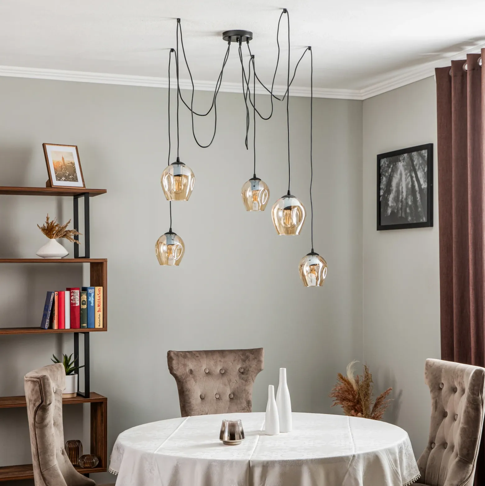 Lámpara colgante Starla, descentrada, 5 luces, ámbar